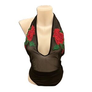 Revamped sexy roses transparent body suit S